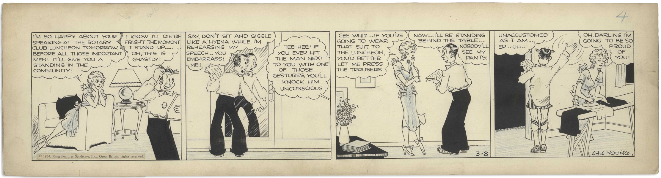 Chic Young Hand-Drawn ''Blondie'' Comic Strip From 1933 Titled ''Figures of Speech'' -- Dagwood Prepares for an Important Speech